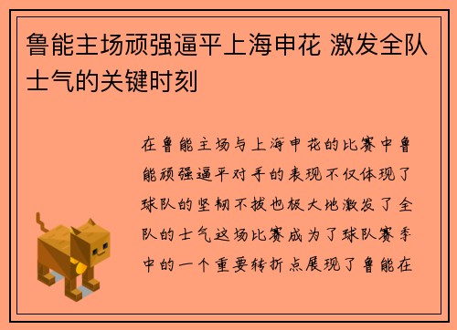 鲁能主场顽强逼平上海申花 激发全队士气的关键时刻
