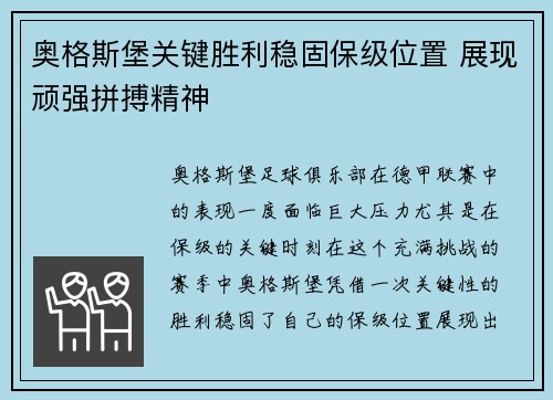 奥格斯堡关键胜利稳固保级位置 展现顽强拼搏精神