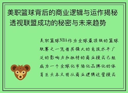 美职篮球背后的商业逻辑与运作揭秘 透视联盟成功的秘密与未来趋势