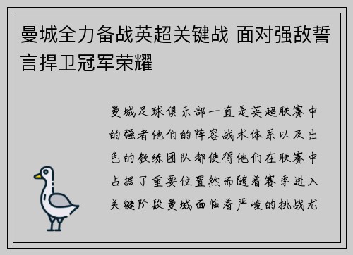 曼城全力备战英超关键战 面对强敌誓言捍卫冠军荣耀