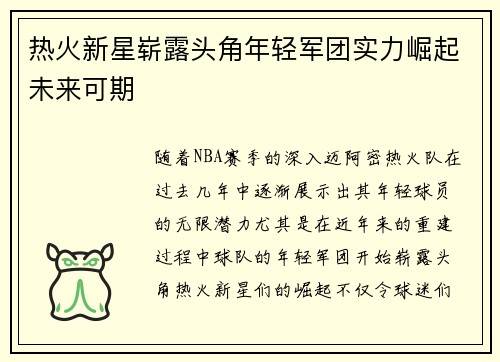 热火新星崭露头角年轻军团实力崛起未来可期