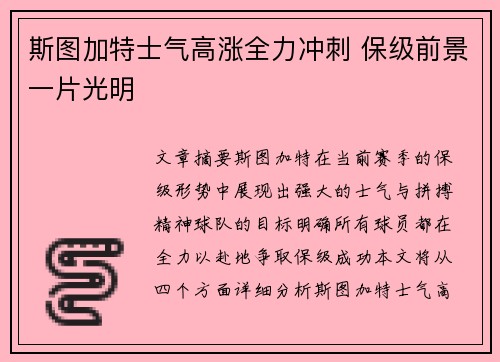 斯图加特士气高涨全力冲刺 保级前景一片光明