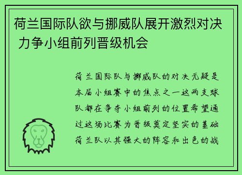 荷兰国际队欲与挪威队展开激烈对决 力争小组前列晋级机会