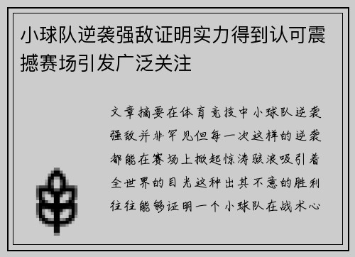 小球队逆袭强敌证明实力得到认可震撼赛场引发广泛关注