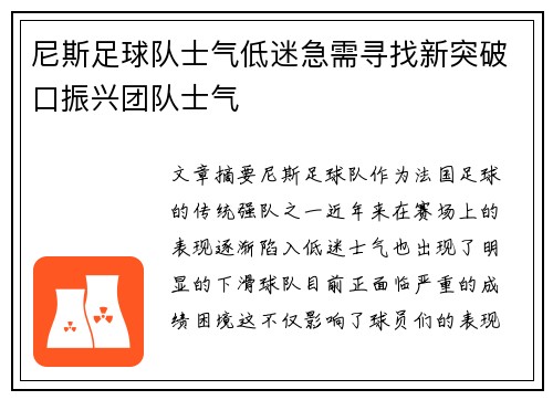 尼斯足球队士气低迷急需寻找新突破口振兴团队士气
