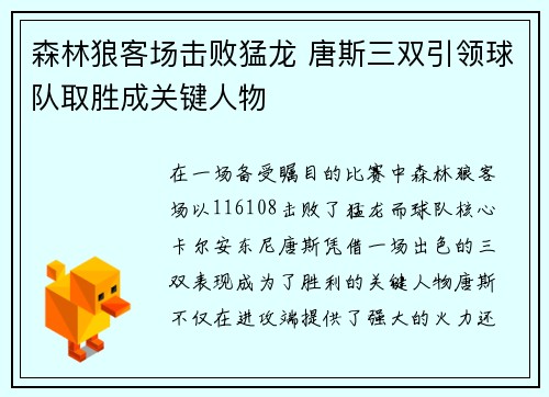 森林狼客场击败猛龙 唐斯三双引领球队取胜成关键人物