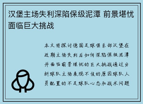 汉堡主场失利深陷保级泥潭 前景堪忧面临巨大挑战