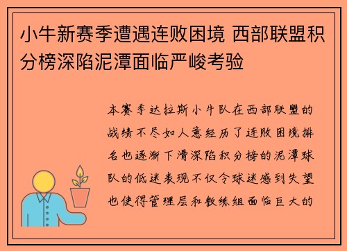 小牛新赛季遭遇连败困境 西部联盟积分榜深陷泥潭面临严峻考验
